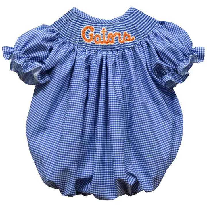 Florida Gators Smocked Blue Gingham Short Sleeve Girl Bubble